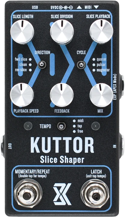 Kuttor Slice Shaper pedal, top view: black enclosure with blue silkscreen, six knobs, three toggle switches and two footswitches